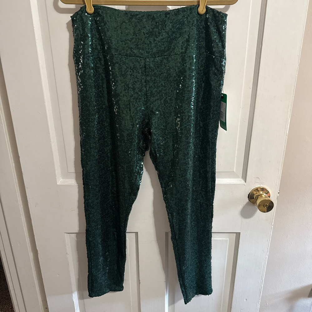 High Waisted Dark Green Sequin Fully Lined Pants Size XL - Picture 2 of 6